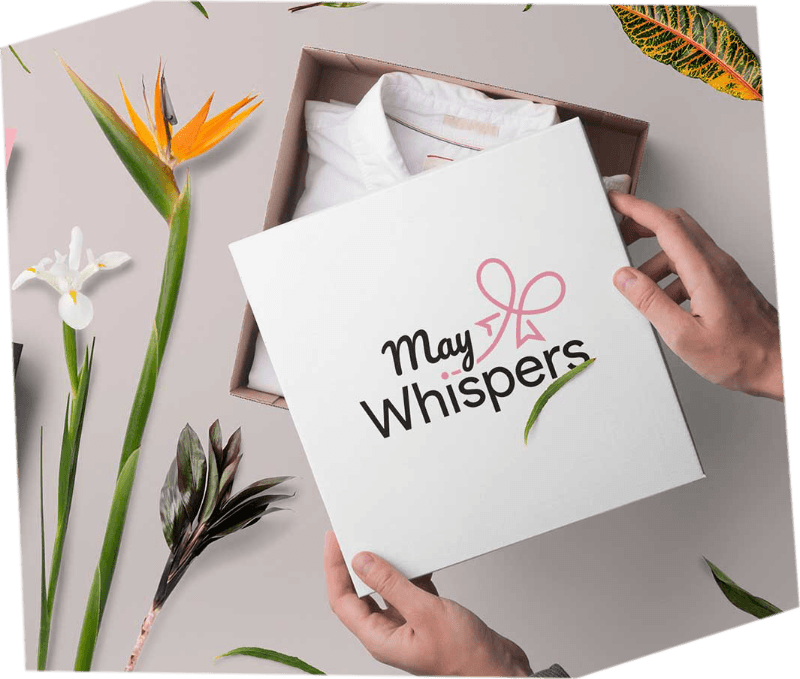 may whispers logo symbol and custom typography design